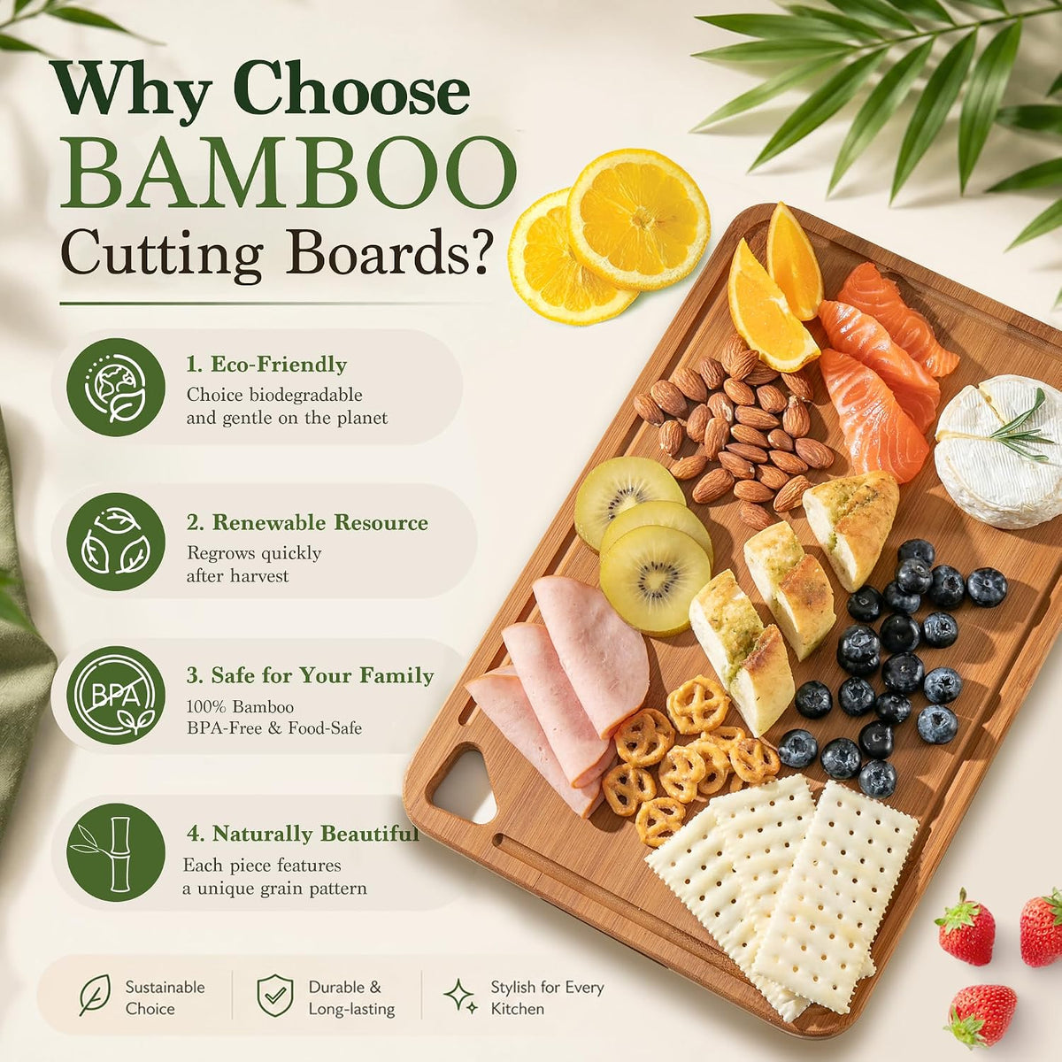 Bamboo Cutting Board 3-Piece Wooden Bread Boards for kitchen