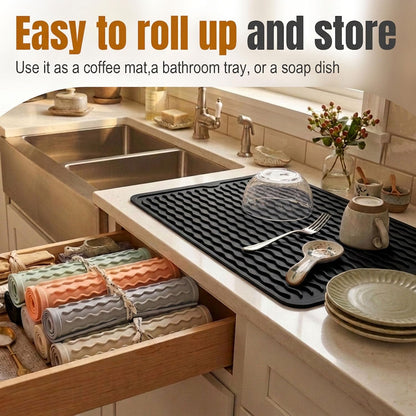 2 Pack Silicone Dish Drying Mat for Kitchen Counter Coffee Bar Apartment Accessories Escurridor de Platos para Fregadero Under Sink Organizer Pet Food Appliance Stone Rack Trays Drain Black