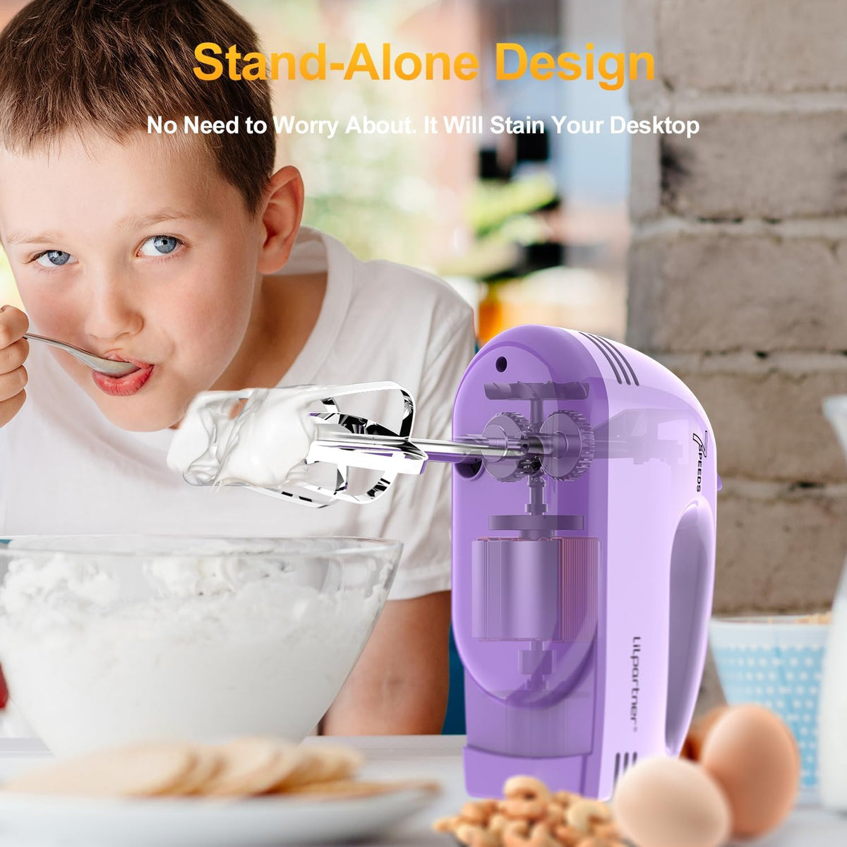 LILPARTNER Hand Mixer Electric, Ultra Power Kitchen Hand Mixer With 7-Speed & 5 Stainless Steel Accessories for Whipping Dough, Cream, Cake, Dishwasher Safe, Light Purple