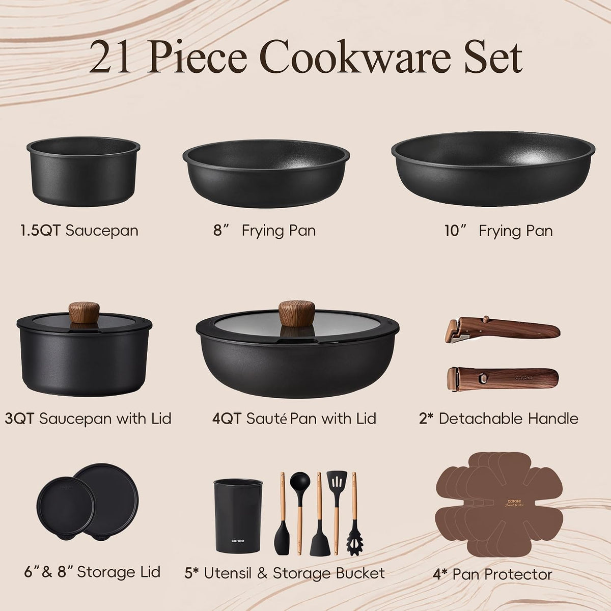 CAROTE 21pcs Pots and Pans Set Non Stick, Detachable Handle Cookware, Black