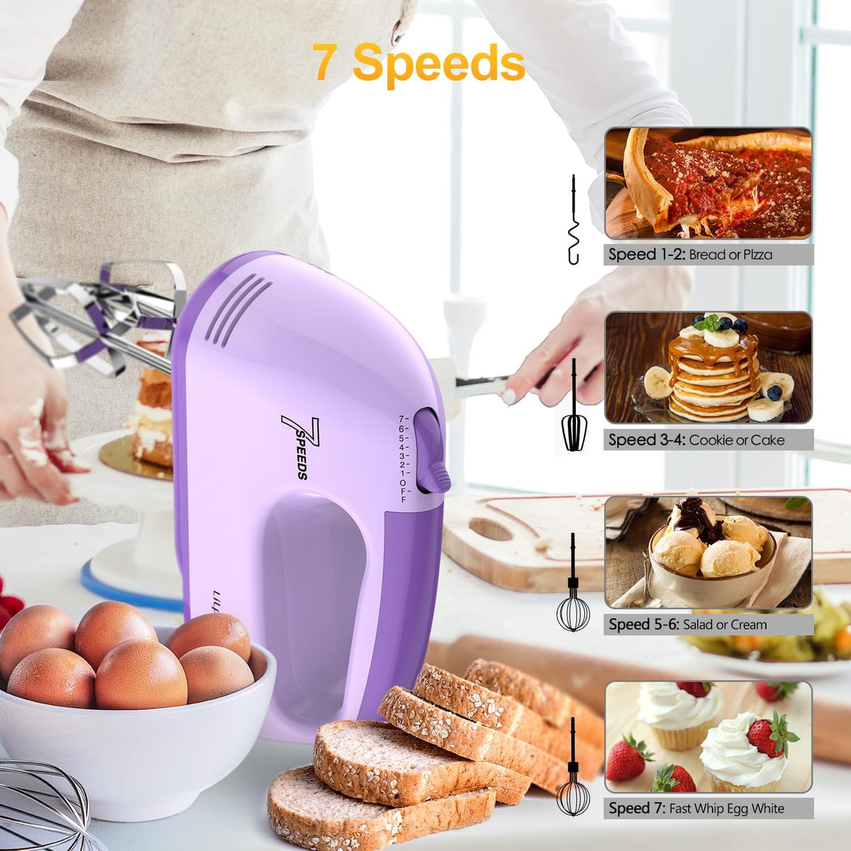 LILPARTNER Hand Mixer Electric, Ultra Power Kitchen Hand Mixer With 7-Speed & 5 Stainless Steel Accessories for Whipping Dough, Cream, Cake, Dishwasher Safe, Light Purple