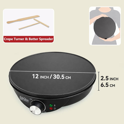 AshGlen 12" Electric Crepe Maker Machine, Ceramic Crepe Pan for Pancakes & Tortilla & Fried Eggs, Spatula & Crepe Spreader Tool Included, Graphite