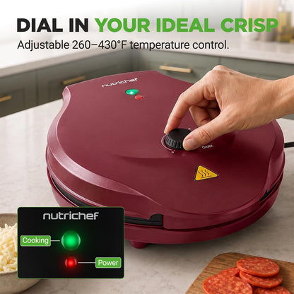 NutriChef 12.5 Inch Countertop Pizza & Everything Maker | Make Personal Pizzas, Eggs, Toast, Quesadillas & More | Adjustable Temperature 260-430℉, Non-Stick, Cool-Touch & Anti-Slip Feet | Red