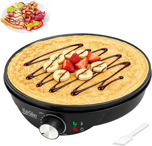 AshGlen 12" Electric Crepe Maker Machine, Ceramic Crepe Pan for Pancakes & Tortilla & Fried Eggs, Spatula & Crepe Spreader Tool Included, Graphite