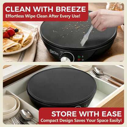 AshGlen 12" Electric Crepe Maker Machine, Ceramic Crepe Pan for Pancakes & Tortilla & Fried Eggs, Spatula & Crepe Spreader Tool Included, Graphite