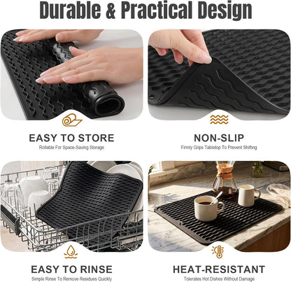 2 Pack Silicone Dish Drying Mat for Kitchen Counter Coffee Bar Apartment Accessories Escurridor de Platos para Fregadero Under Sink Organizer Pet Food Appliance Stone Rack Trays Drain Black