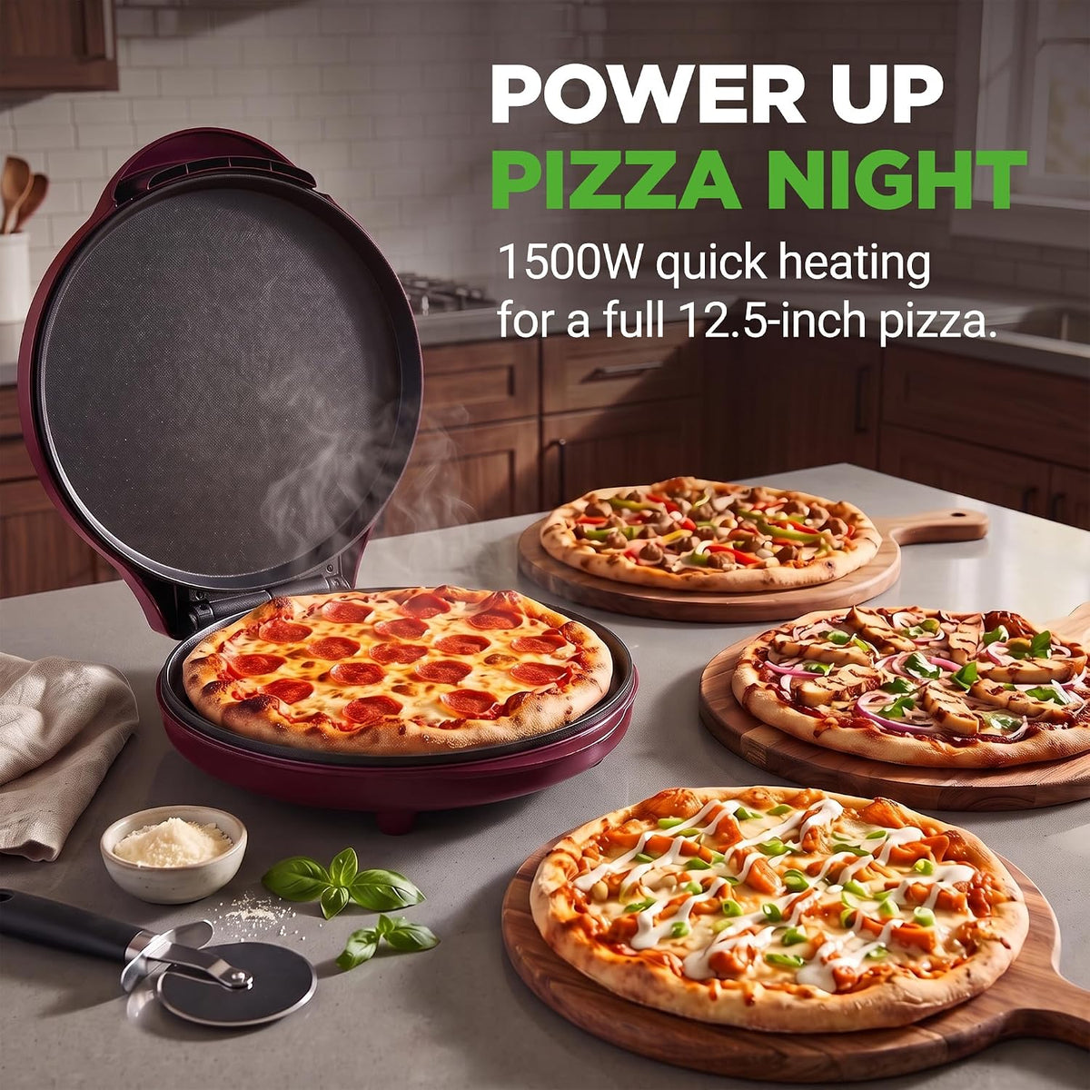 NutriChef 12.5 Inch Countertop Pizza & Everything Maker | Make Personal Pizzas, Eggs, Toast, Quesadillas & More | Adjustable Temperature 260-430℉, Non-Stick, Cool-Touch & Anti-Slip Feet | Red