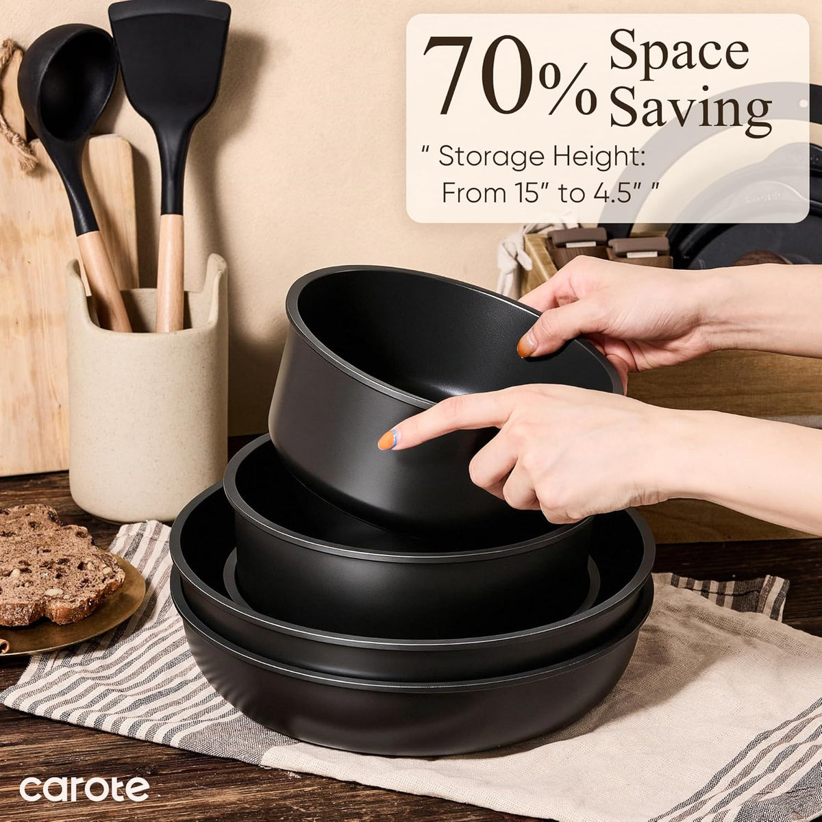 CAROTE 21pcs Pots and Pans Set Non Stick, Detachable Handle Cookware, Black