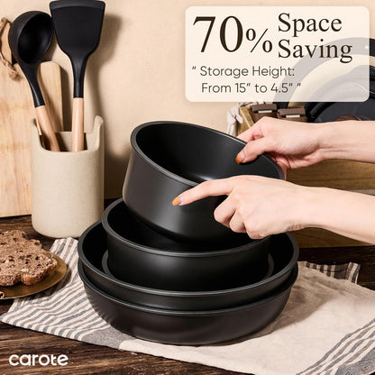CAROTE 21pcs Pots and Pans Set Non Stick, Detachable Handle Cookware, Black