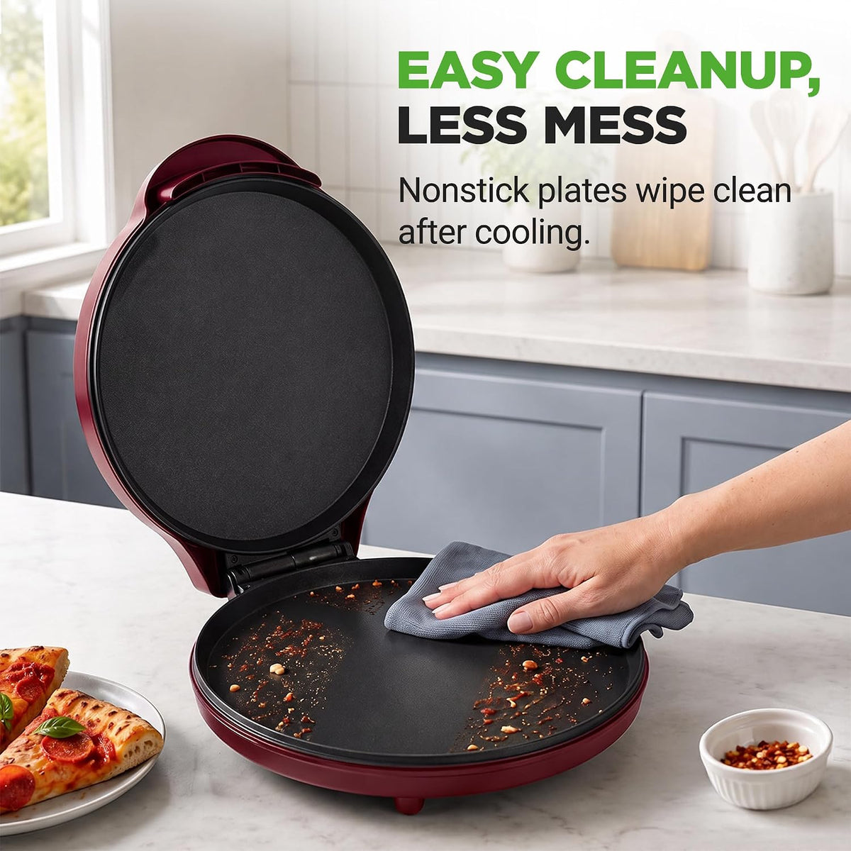 NutriChef 12.5 Inch Countertop Pizza & Everything Maker | Make Personal Pizzas, Eggs, Toast, Quesadillas & More | Adjustable Temperature 260-430℉, Non-Stick, Cool-Touch & Anti-Slip Feet | Red