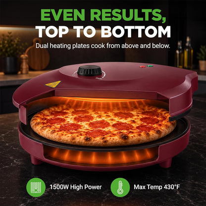NutriChef 12.5 Inch Countertop Pizza & Everything Maker | Make Personal Pizzas, Eggs, Toast, Quesadillas & More | Adjustable Temperature 260-430℉, Non-Stick, Cool-Touch & Anti-Slip Feet | Red