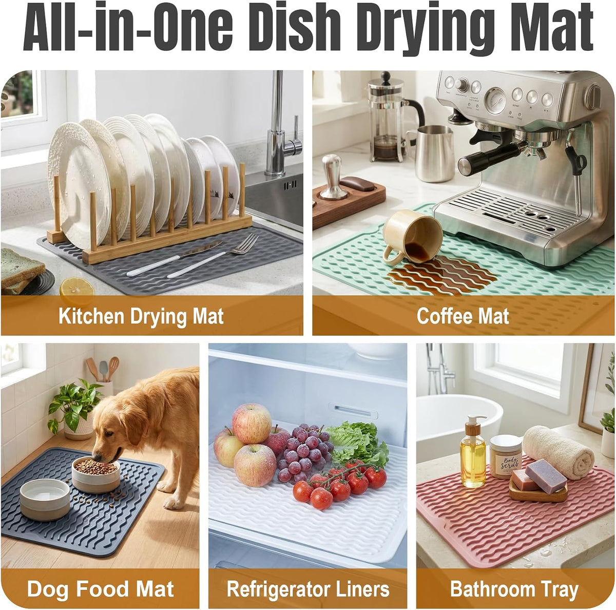 2 Pack Silicone Dish Drying Mat for Kitchen Counter Coffee Bar Apartment Accessories Escurridor de Platos para Fregadero Under Sink Organizer Pet Food Appliance Stone Rack Trays Drain Black
