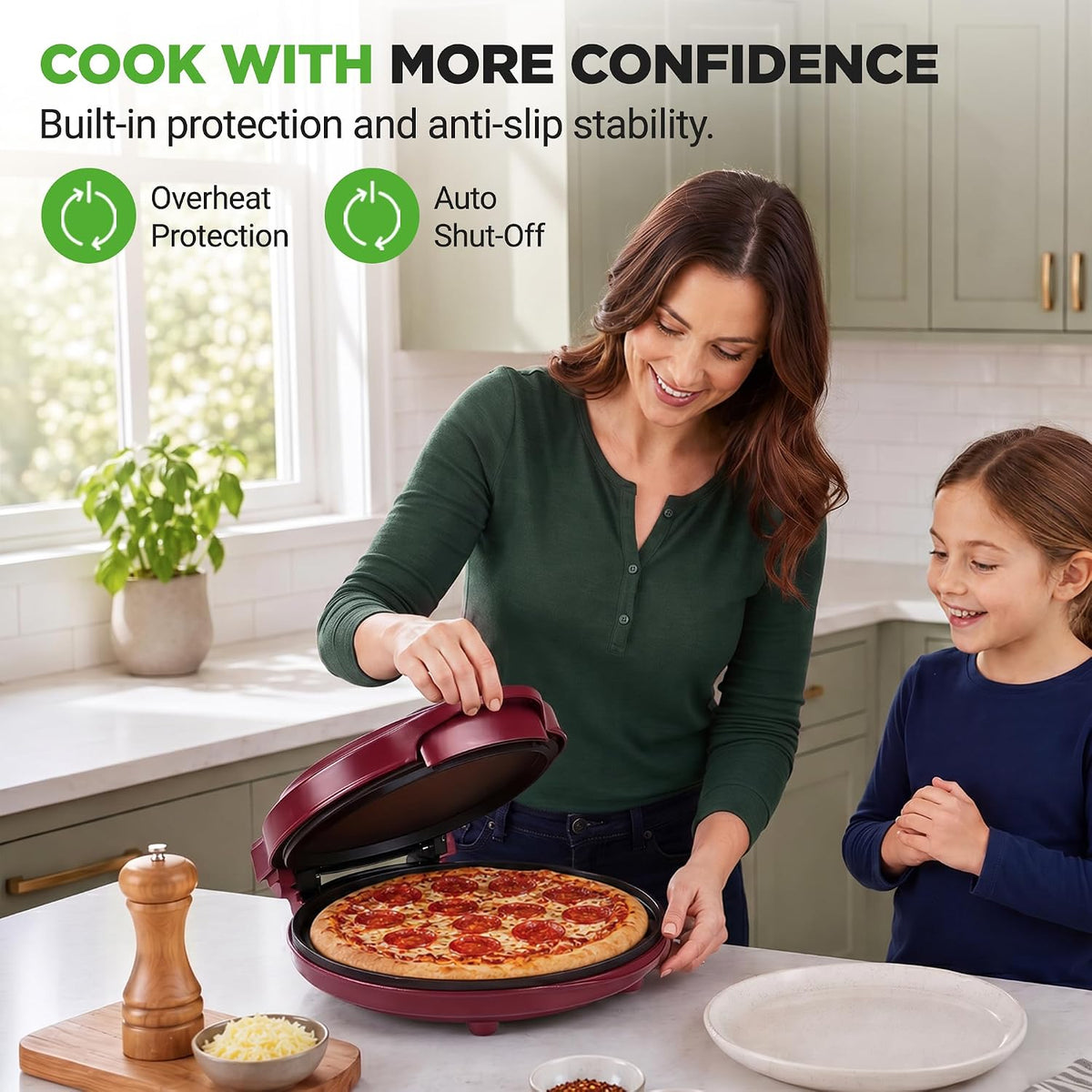 NutriChef 12.5 Inch Countertop Pizza & Everything Maker | Make Personal Pizzas, Eggs, Toast, Quesadillas & More | Adjustable Temperature 260-430℉, Non-Stick, Cool-Touch & Anti-Slip Feet | Red