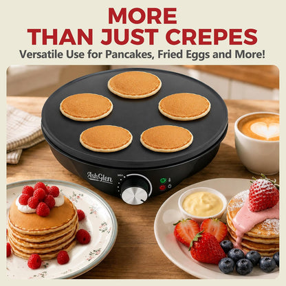 AshGlen 12" Electric Crepe Maker Machine, Ceramic Crepe Pan for Pancakes & Tortilla & Fried Eggs, Spatula & Crepe Spreader Tool Included, Graphite