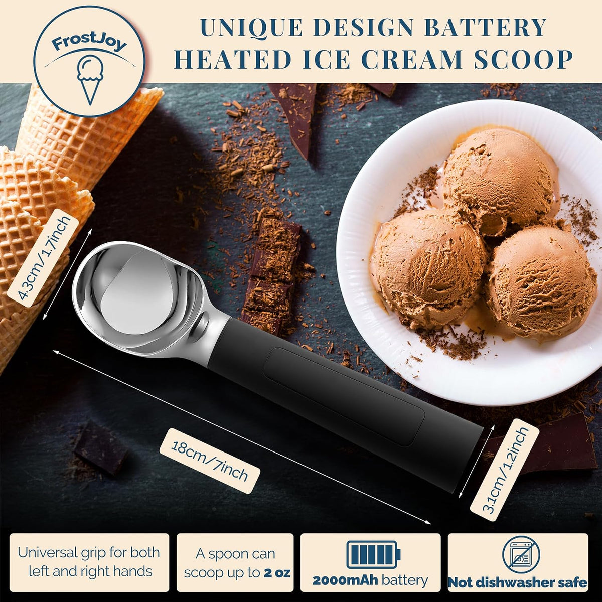 Heated Ice Cream Scoop Rechargeable, Electric Warming Ice Cream Scooper with LED Display, Heats to 158°F for Hard Ice Cream, Easy for Seniors & Kids, IP67 Waterproof (Black, 2 oz)