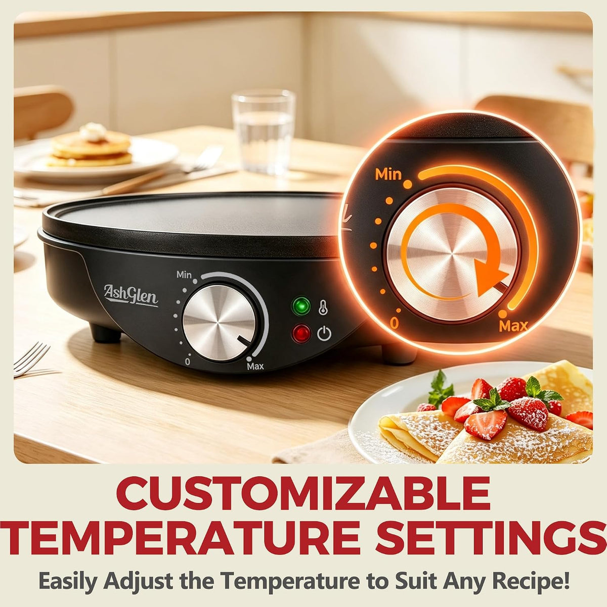 AshGlen 12" Electric Crepe Maker Machine, Ceramic Crepe Pan for Pancakes & Tortilla & Fried Eggs, Spatula & Crepe Spreader Tool Included, Graphite