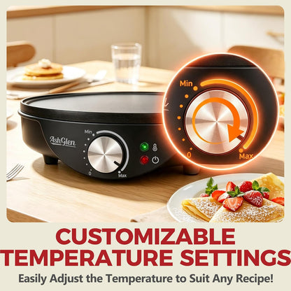 AshGlen 12" Electric Crepe Maker Machine, Ceramic Crepe Pan for Pancakes & Tortilla & Fried Eggs, Spatula & Crepe Spreader Tool Included, Graphite