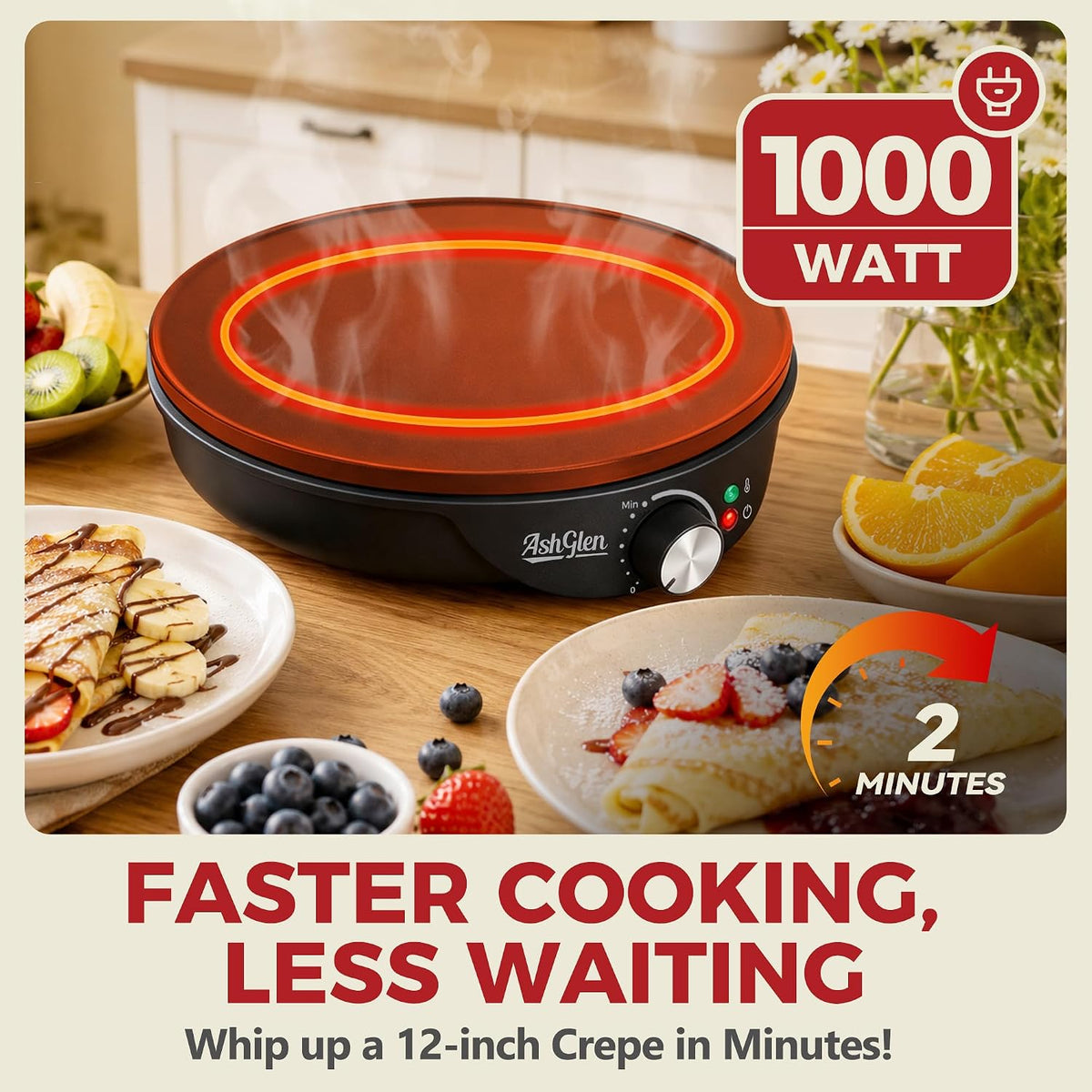 AshGlen 12" Electric Crepe Maker Machine, Ceramic Crepe Pan for Pancakes & Tortilla & Fried Eggs, Spatula & Crepe Spreader Tool Included, Graphite